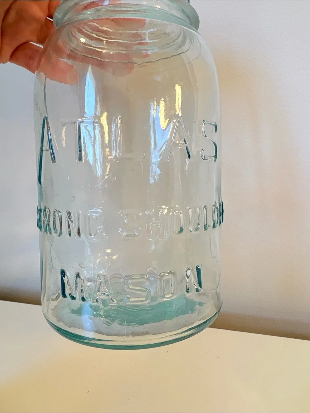 Atlas “strong shoulder” Embossed Blue Glass Mason Jar with Metal Lid